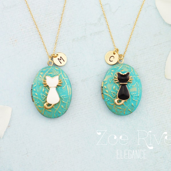 Personalized cat locket initial necklace. Turquoise black cat, white cat gold silver locket necklace. Pet memorial remembrance, rabbit bunny
