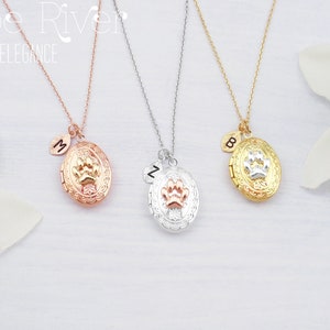 Personalized paw print locket necklace. Dainty initial pet dog cat paw locket necklace. Rose gold, silver or gold