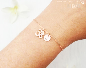 Choose rose gold, silver or gold dainty om bracelet. Personalized initial and om symbol bracelet