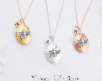 Personalized bee locket necklace. Choose silver, gold or rose gold locket necklace. Honey bee locket. Queen bee necklace.