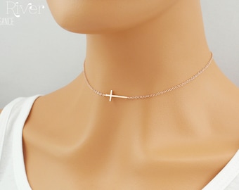 Choose rose gold, silver or gold, cross choker necklace. Dainty sideways cross choker necklace. Rose gold cross necklace