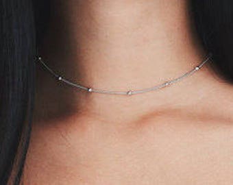 Choose rose gold, silver or gold, satellite chain choker. Tiny bead choker. Dainty silver chain choker. Short dainty rose gold necklace.