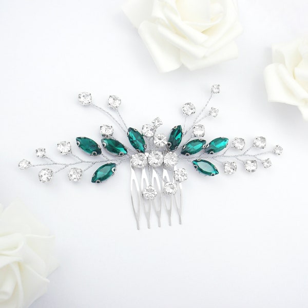 Choose silver or gold green emerald crystal flower bridal hair comb. Elegant wedding hair piece. Bridesmaid, headpiece, tiara, clip, crown