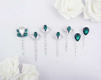 Emerald green vintage style crystal bridal hairpins. Elegant wedding hair clips. Bridesmaid, bride hair pin, bobby pin, dark green