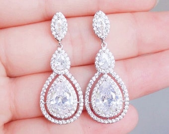 Silver earrings, teardrop cubic zirconia clear crystal bridal earrings, stud post earrings and necklace set. Bridesmaid prom debutante