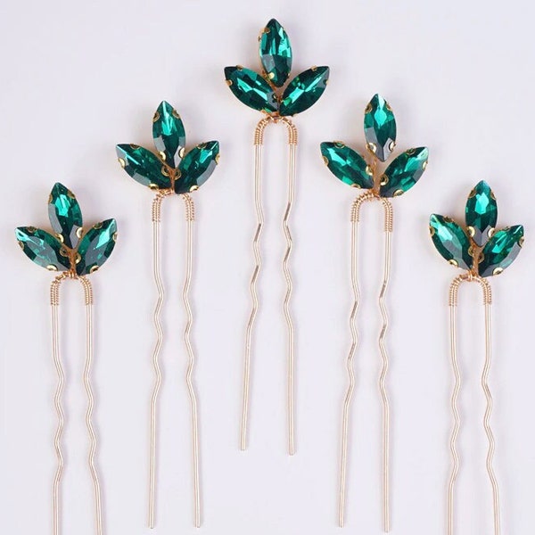 Choose rose gold, silver or gold clear or dark emerald green crystal bridal hairpins. Elegant wedding hair clips. Bridesmaid, bride hair pin