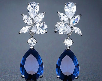 Elegant silver and dark navy blue crystal cubic zirconia earrings, bracelet, necklace. Bride, wedding, prom, bridesmaid