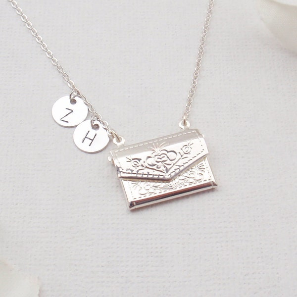 Choose rose gold, silver or gold envelope locket necklace. Personalized initial, dainty and elegant locket necklace. Rose gold locket