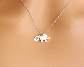 Personalized elephant initial necklace pendant. Choose silver, gold or rose gold. Elegant and dainty engraved necklace