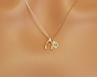 Choose rose gold, silver or gold. Personalized initial wishbone lucky necklace, elegant and dainty.