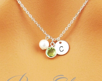 Personalized birthstone, initial and pearl necklace. Choose rose gold, silver or gold. Dainty initial / monogram necklace.