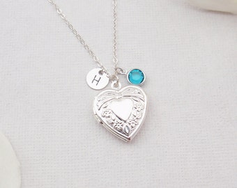 Choose gold, silver or rose gold heart locket necklace. Personalised initial birthstone necklace. Meaningful, romantic bridesmaid gift idea