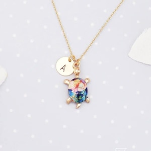 Personalized turtle necklace. Gold and rainbow coloured turtle necklace. Dainty turtle necklace. Pink, blue, green