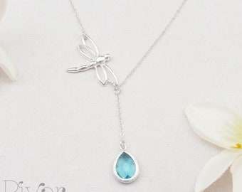 Silver dragonfly personalized initial, birthstone necklace. Personalized dragonfly necklace. Silver initial necklace.