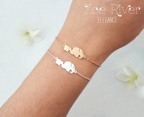 Personalized Mother Daughter Elephant Bracelet. Dainty Rose Gold