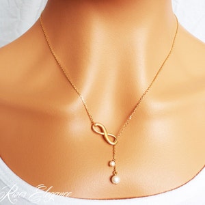 Personalised initial infinity necklace. Choose silver, gold or rose gold. Elegant and dainty infinity necklace. White pearl lariat style image 2