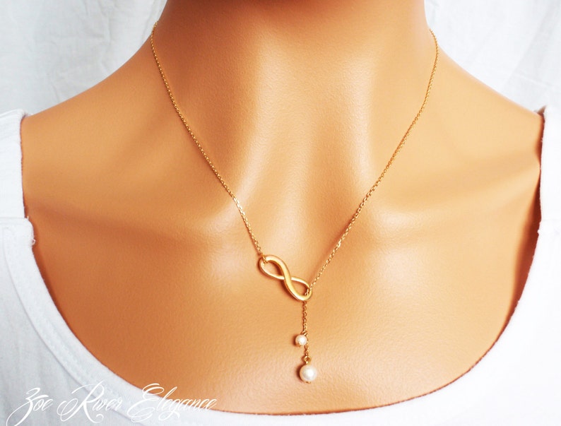 Personalised initial infinity necklace. Choose silver, gold or rose gold. Elegant and dainty infinity necklace. White pearl lariat style image 2