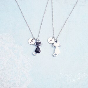 May include: Two silver cat pendant necklaces. One cat pendant is black, the other is white. Each necklace has a small circular charm with a letter. The background is light blue with a white floral design.