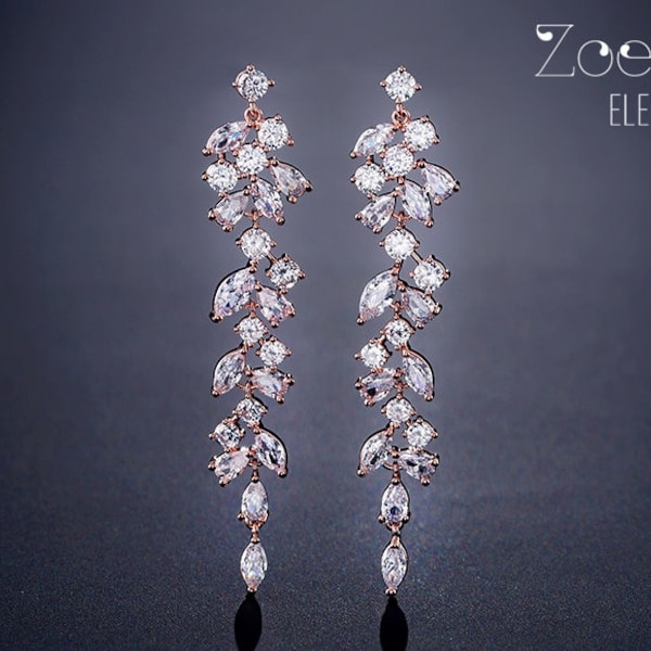 Choose rose gold, silver or gold bridal earrings. Cubic zirconia crystal teardrop stud post earrings, elegant long earrings