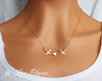 Choose rose gold, silver or gold love bird necklace. Dainty flying bird and heart necklace. Elegant 2 bird necklace. Swallow, sparrow