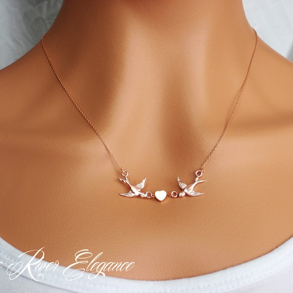 Choose rose gold, silver or gold love bird necklace. Dainty flying bird and heart necklace. Elegant 2 bird necklace. Swallow, sparrow