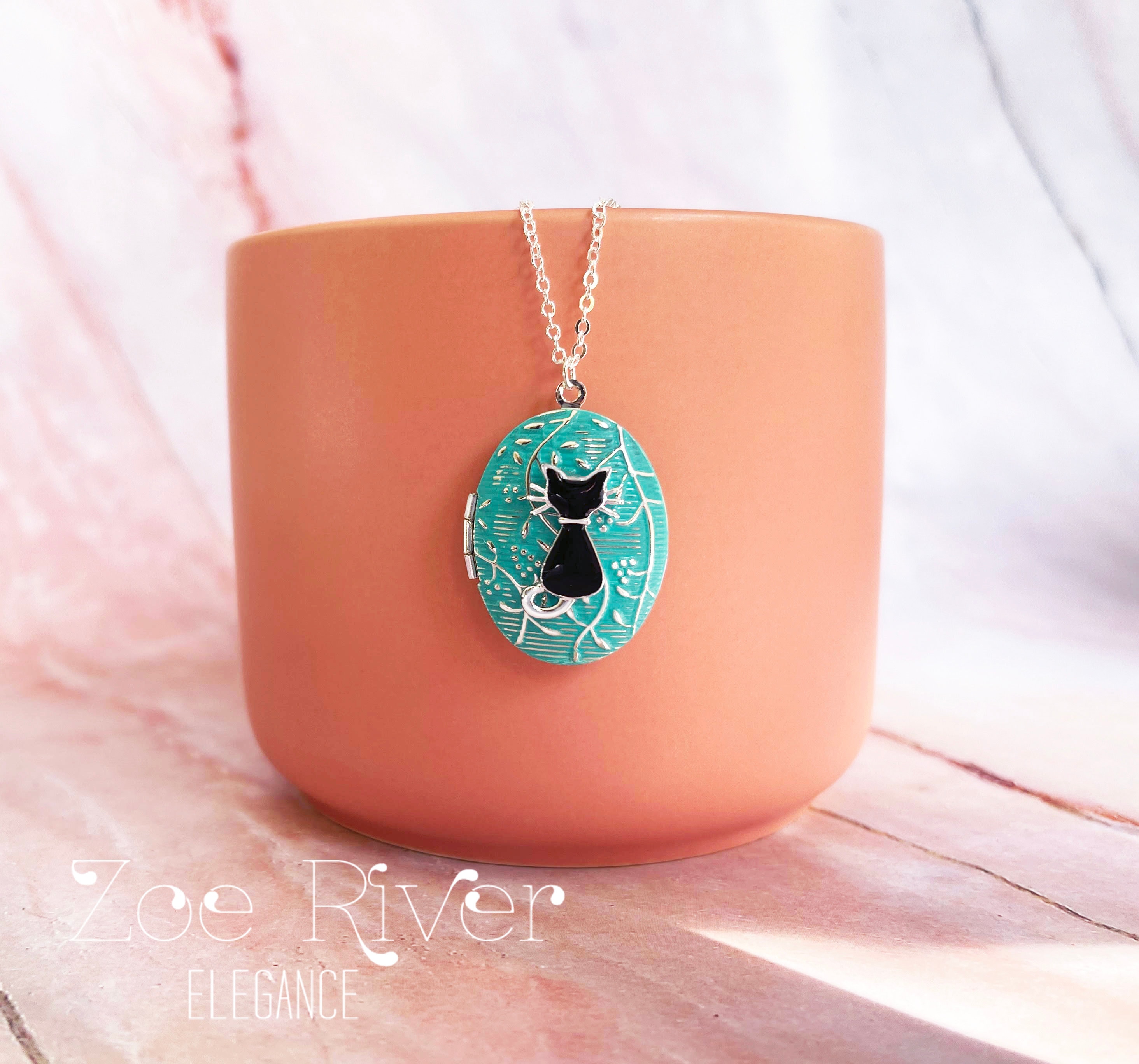 Personalized rabbit or cat locket initial necklace. Turquoise black, white gold silver locket necklace. Pet memorial remembrance, bunny