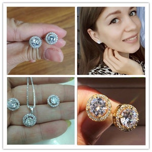 May include: A collection of round stud earrings and a pendant necklace with a halo of small, clear stones surrounding a larger, central stone. The earrings are shown in silver and gold settings, and one image shows the earrings being worn.
