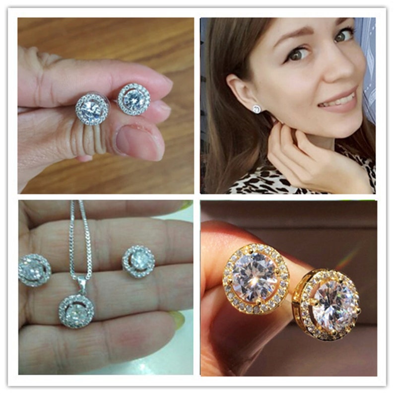 May include: A collection of round stud earrings and a pendant necklace with a halo of small, clear stones surrounding a larger, central stone. The earrings are shown in silver and gold settings, and one image shows the earrings being worn.
