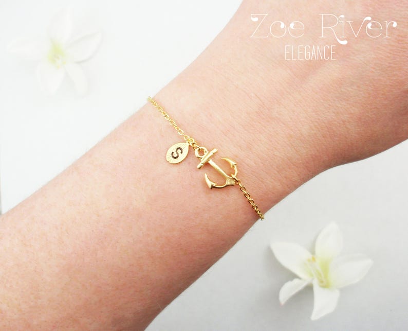 Choose rose gold, silver or gold personalized anchor and initial bracelet. Dainty anchor bracelet. Rose gold anchor bracelet. image 2