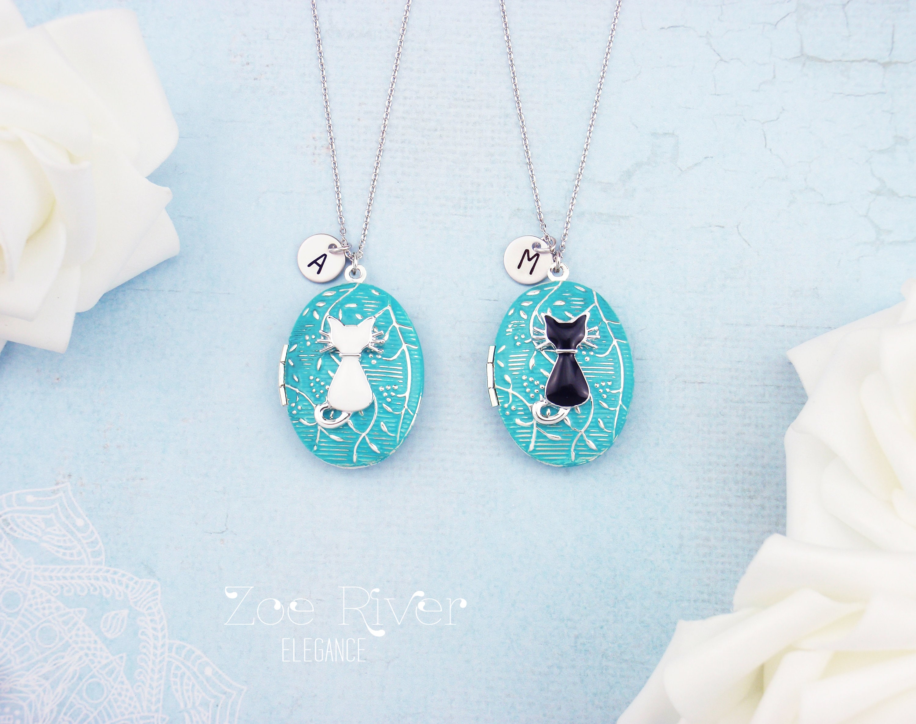 Personalized rabbit or cat locket initial necklace. Turquoise black, white gold silver locket necklace. Pet memorial remembrance, bunny