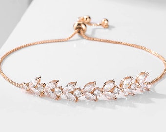 Choose rose gold or silver cubic zirconia crystal bracelet. Elegant and dainty bridal bridesmaid bride bracelet. Clear CZ leaf marquise