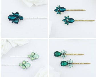 Emerald green vintage crystal bridal hairpins. Elegant wedding hair clips. Bridesmaid, bride hair pin, bobby pin, mint light pale dark green