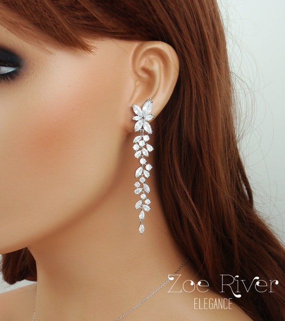 Silver cubic zirconia bridal earrings. Extra long earrings. Zircon simulated diamond drop earrings. Georgina wedding earrings.