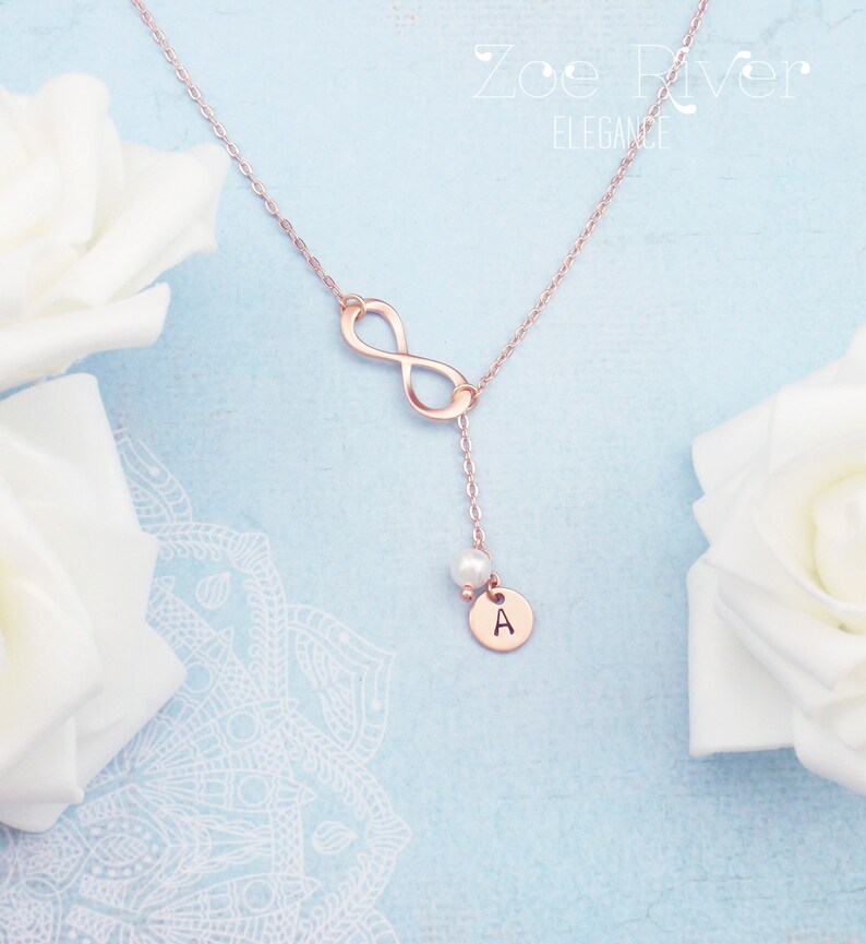 Personalised initial infinity necklace. Choose silver, gold or rose gold. Elegant and dainty infinity necklace. White pearl lariat style image 1