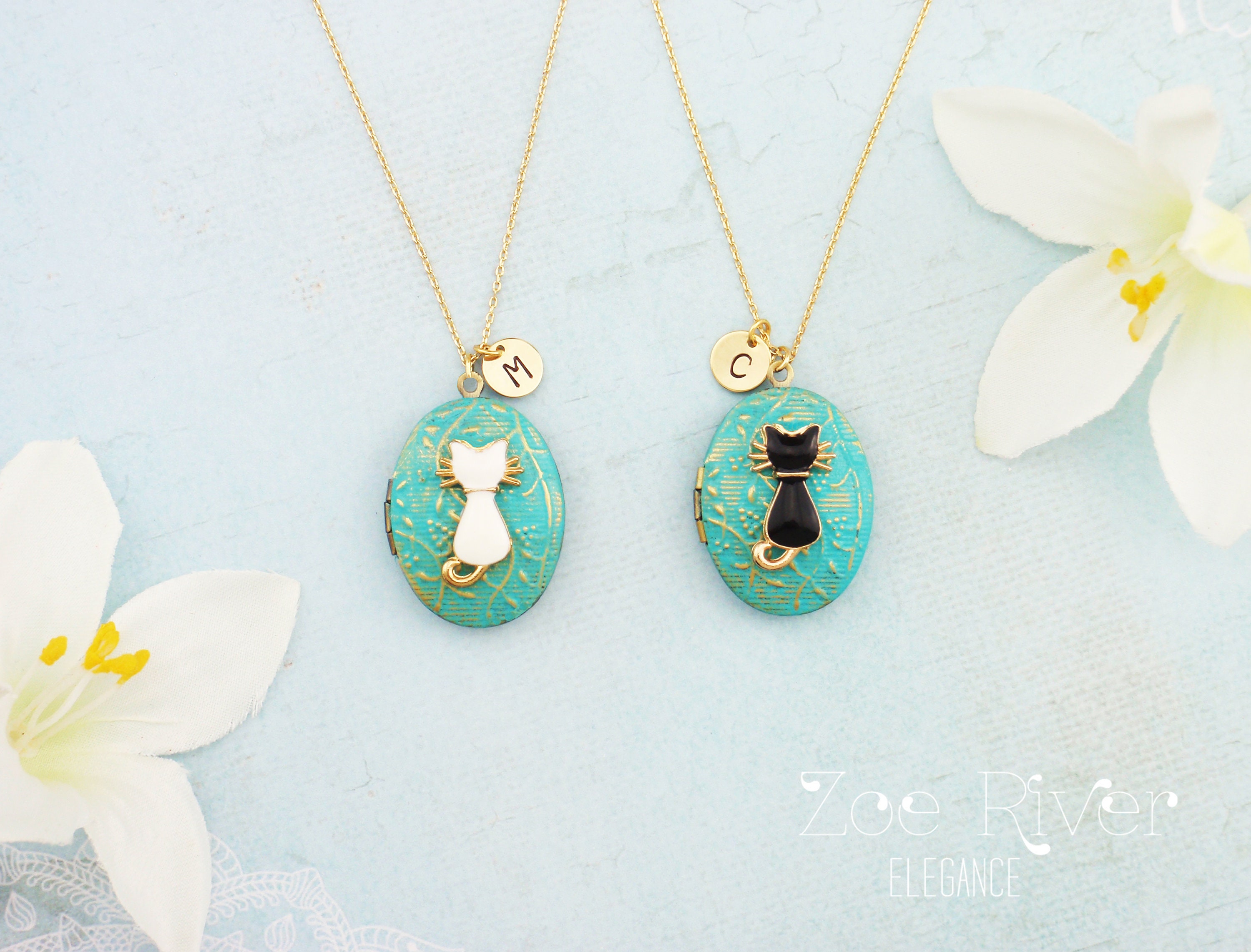 Personalized rabbit or cat locket initial necklace. Turquoise black, white gold silver locket necklace. Pet memorial remembrance, bunny