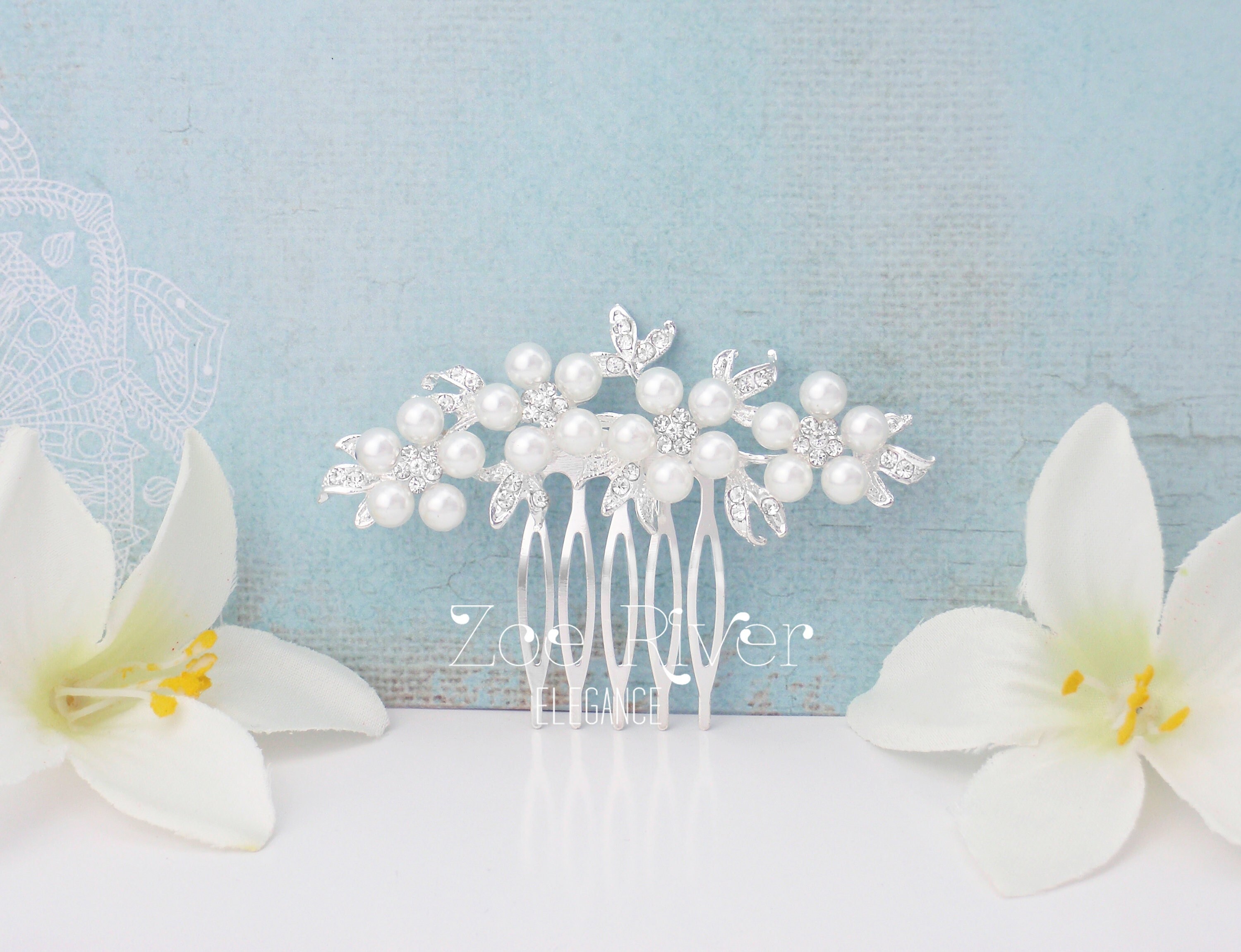 Elegant Pearl & Crystal Bridal Hair Comb - Silver H8 Wedding Hair Comb - Silver Wire Crystals Beautiful  main image 2