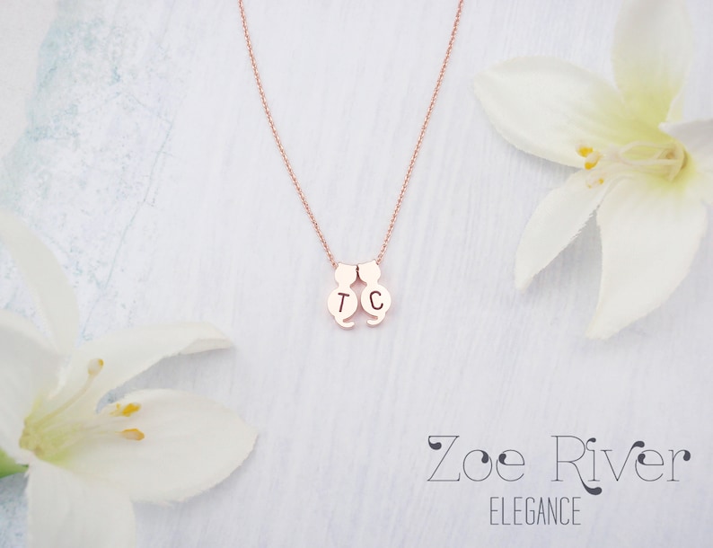 Choose silver, gold or rose gold cat necklace pendant. Personalized cat monogram initial necklace. Elegant and dainty cat necklace image 3