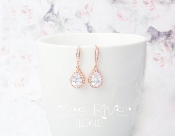 925 sterling silver ear posts. Choose rose gold or silver crystal teardrop earring and or necklace set. Wedding jewelry set. Diamond earring