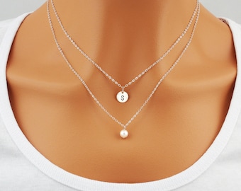 Choose gold silver or rose gold personalized initial and pearl layered necklaces. Elegant and dainty personalized double layer necklace.