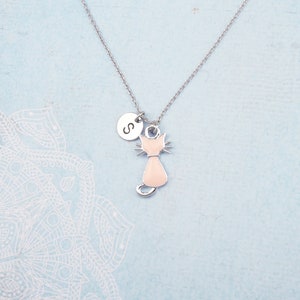 May include: A silver necklace featuring a light pink cat pendant and a circular charm with the letter "S". The cat pendant has a detailed design with a collar. The necklace is displayed on a light blue background.