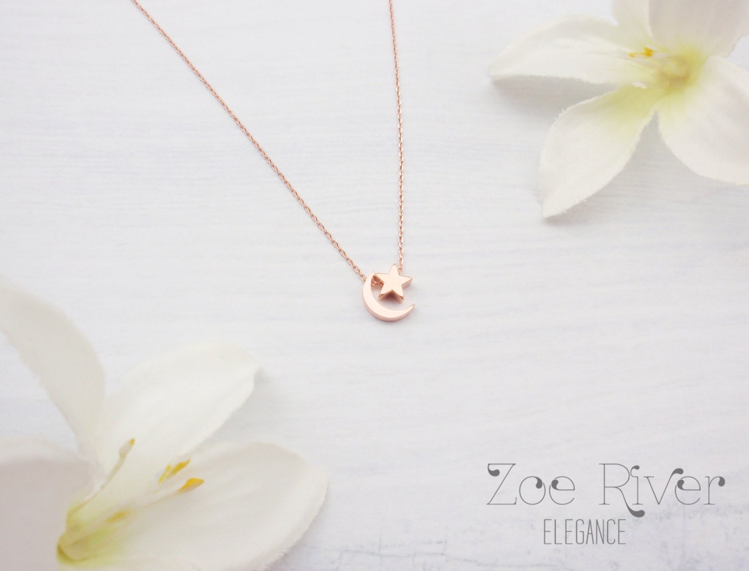 Moon and Back Necklace. Tiny Rose Gold 