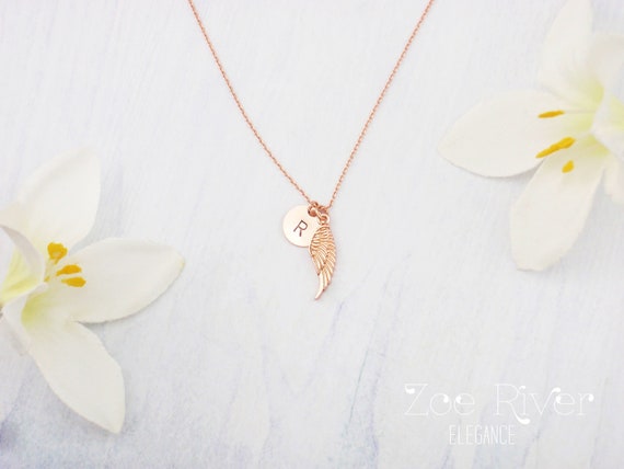 Personalized rose gold angel wing necklace.  Dainty angel wing rose gold necklace. Remembrance gift angel baby, keep safe good luck necklace