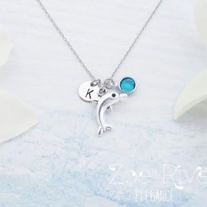 Dainty personalized initial dolphin necklace. Silver dolphin necklace. Birthstone necklace. Gift for water lover, swimmer, scuba diver.