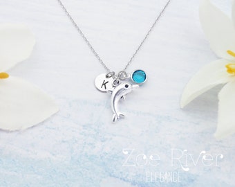 Dainty personalized initial dolphin necklace. Silver dolphin necklace. Birthstone necklace. Gift for water lover, swimmer, scuba diver.