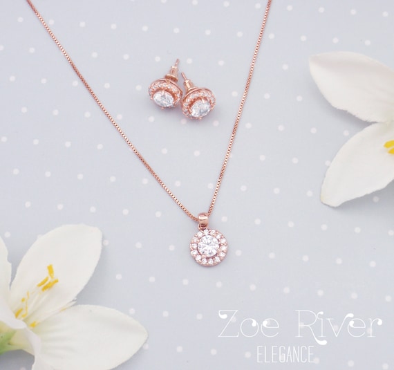 Choose rose gold or silver cubic zirconia crystal earrings and or necklace set. Elegant and dainty bridal bridesmaid jewelry
