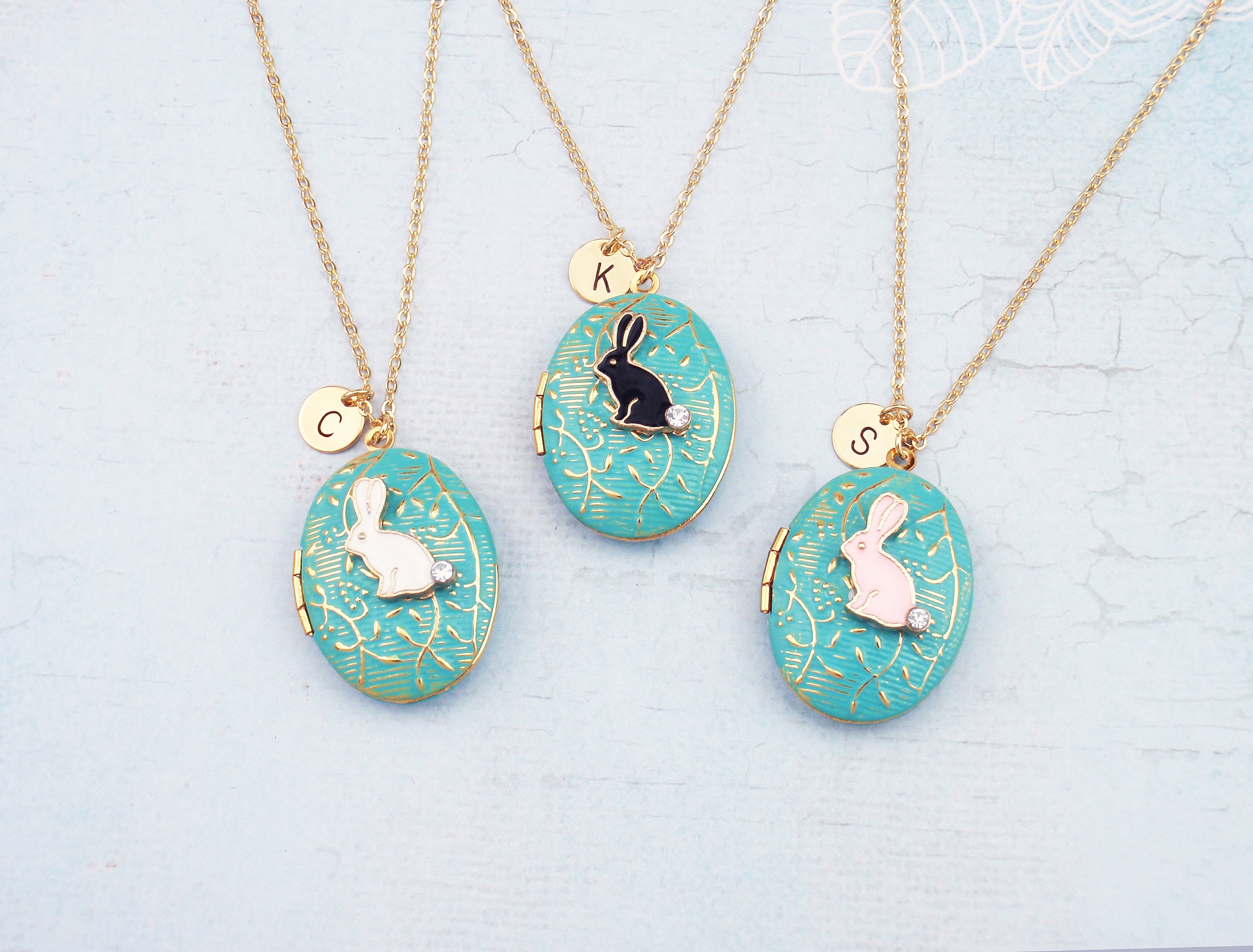 Personalized rabbit or cat locket initial necklace. Turquoise black, white gold silver locket necklace. Pet memorial remembrance, bunny