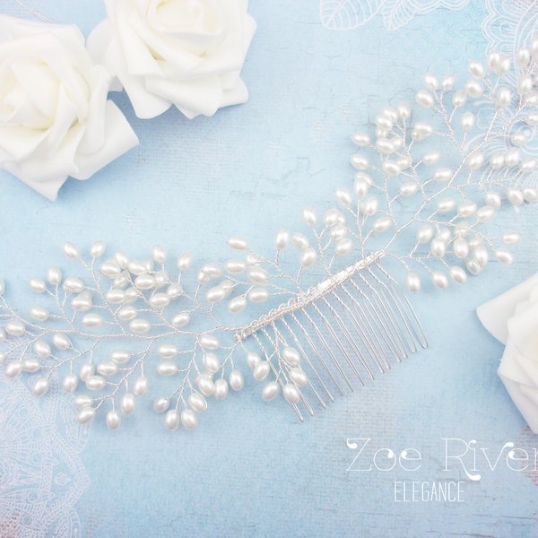 Silver hair vine comb. Pearl bridal hair vine. Elegant wedding hair piece. White ivory hair clip, starfish, star fish head piece hairpiece