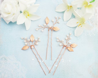 Choose rose gold, silver or gold leaf and pearl bridal hairpins. Dainty wedding hair clips. Silver or rose gold or gold bridal hair pin