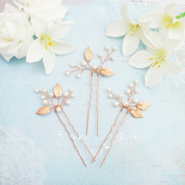 Choose rose gold, silver or gold leaf and pearl bridal hairpins. Dainty wedding hair clips. Silver or rose gold or gold bridal hair pin