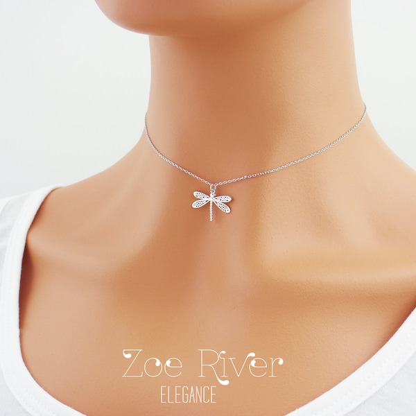 Silver dragonfly choker necklace.  Elegant dragonfly choker pendant. Animal lover necklace. Dainty, small